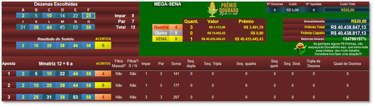 Imagem da matriz para Mega-Sena 12 x 6 a da Prêmio Dourado